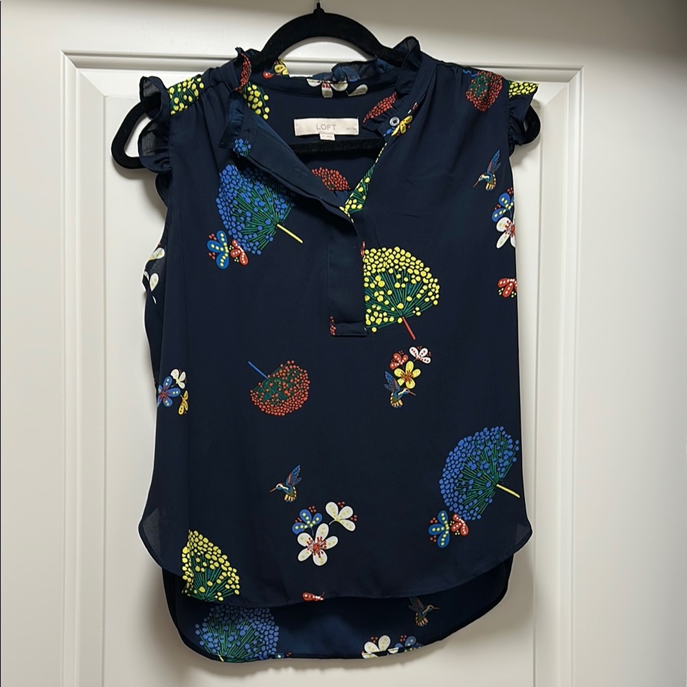 LOFT Navy Floral Sleeveless Blouse